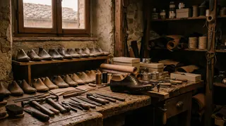 Calzatura Fermano-Maceratese: banco di un laboratorio calzaturiero con forme e tomaia
