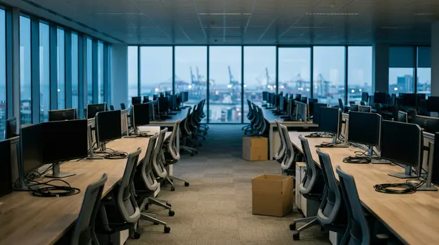 Uscite volontarie Ericsson: ufficio ricerca e sviluppo vuoto al tramonto in un campus tecnologico affacciato sul porto di Genova