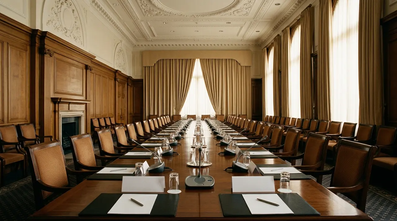 Sala riunioni istituzionale vuota con tavolo lungo, microfoni e segnaposto bianchi, dove si tengono i tavoli di crisi