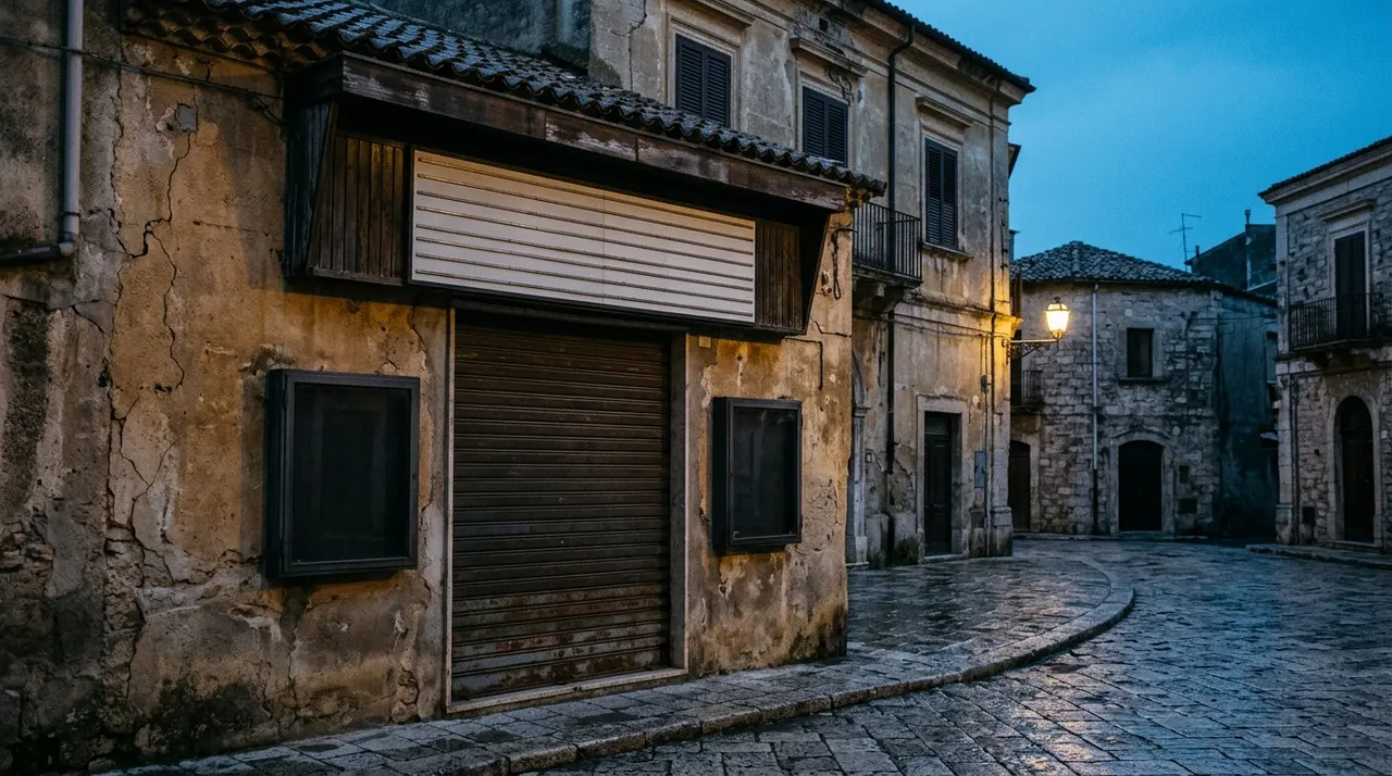 Cinema di quartiere chiuso con la serranda abbassata in una piazza del Sud Italia all'imbrunire