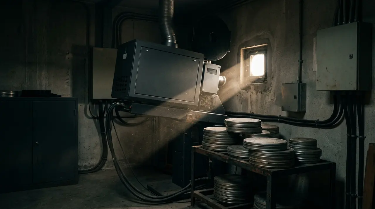 Cabina di proiezione vuota con proiettore digitale e pile di pizze cinematografiche
