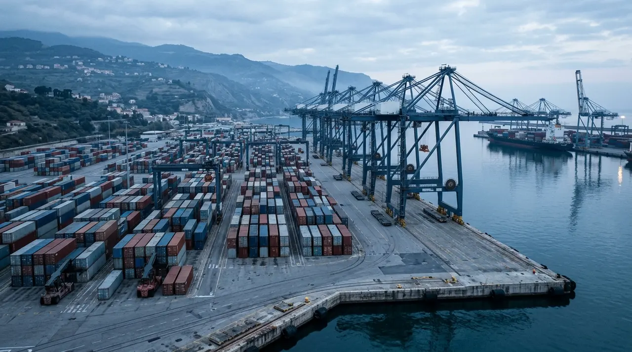 Riforma portuale: terminal container italiano all'alba con gru di banchina e cataste di container
