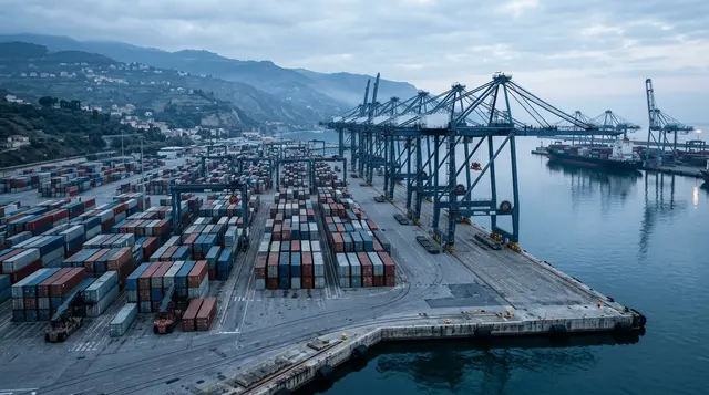 Riforma portuale: terminal container italiano all'alba con gru di banchina e cataste di container