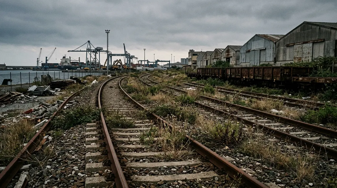 Binari ferroviari portuali dismessi e invasi dalla vegetazione accanto a un terminal container italiano