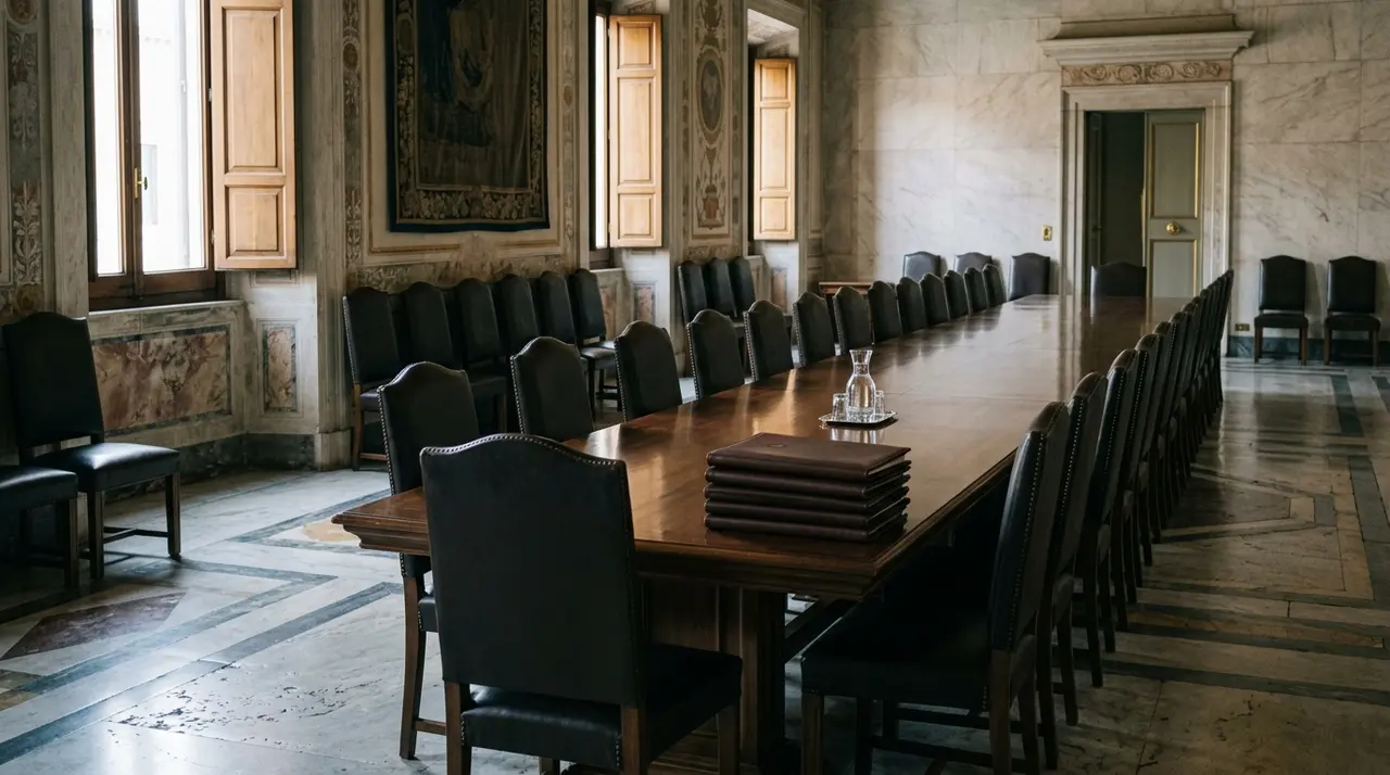 Sala di commissione parlamentare vuota con tavolo lungo e cartelline chiuse, Camera dei deputati