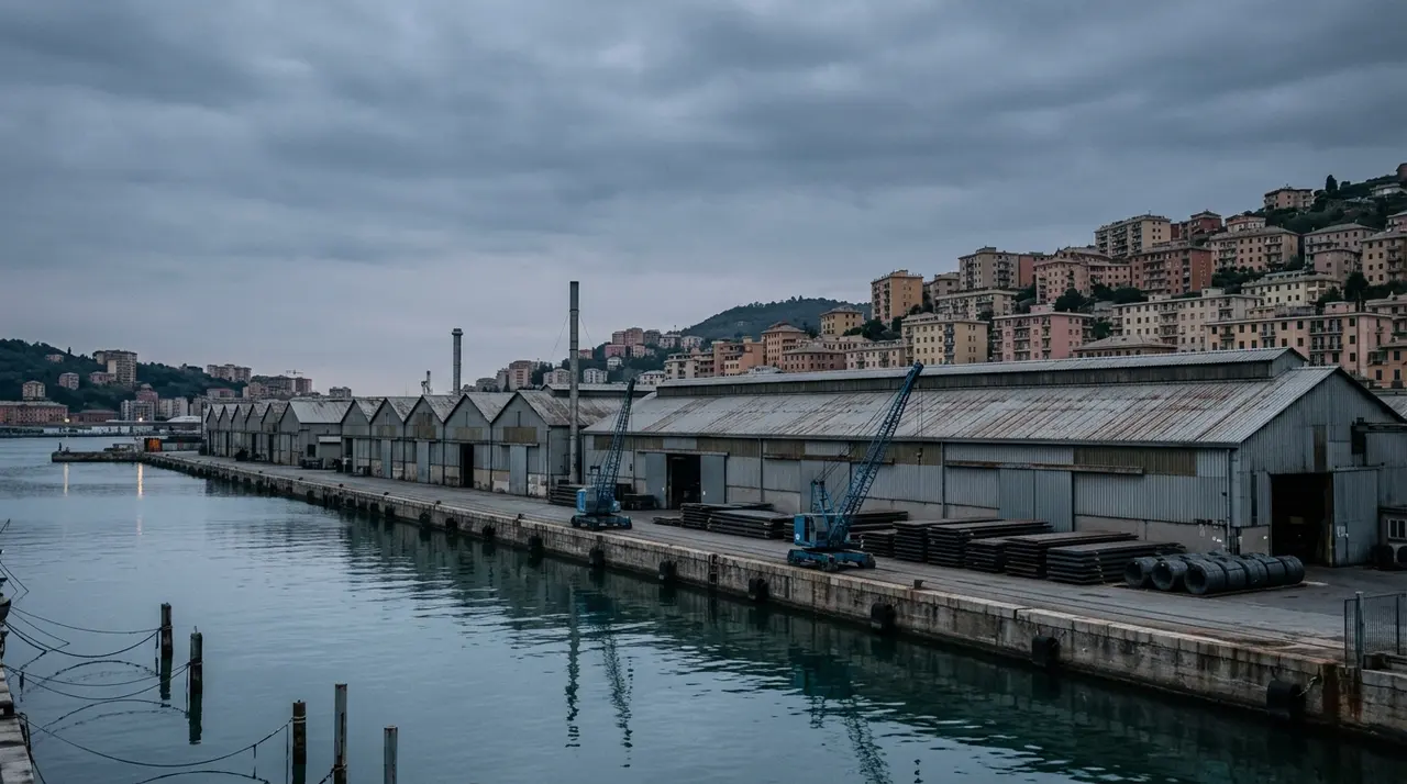 Lo stabilimento ex Ilva Cornigliano affacciato sulle banchine del porto di Genova al tramonto, capannoni delle lavorazioni a freddo deserti