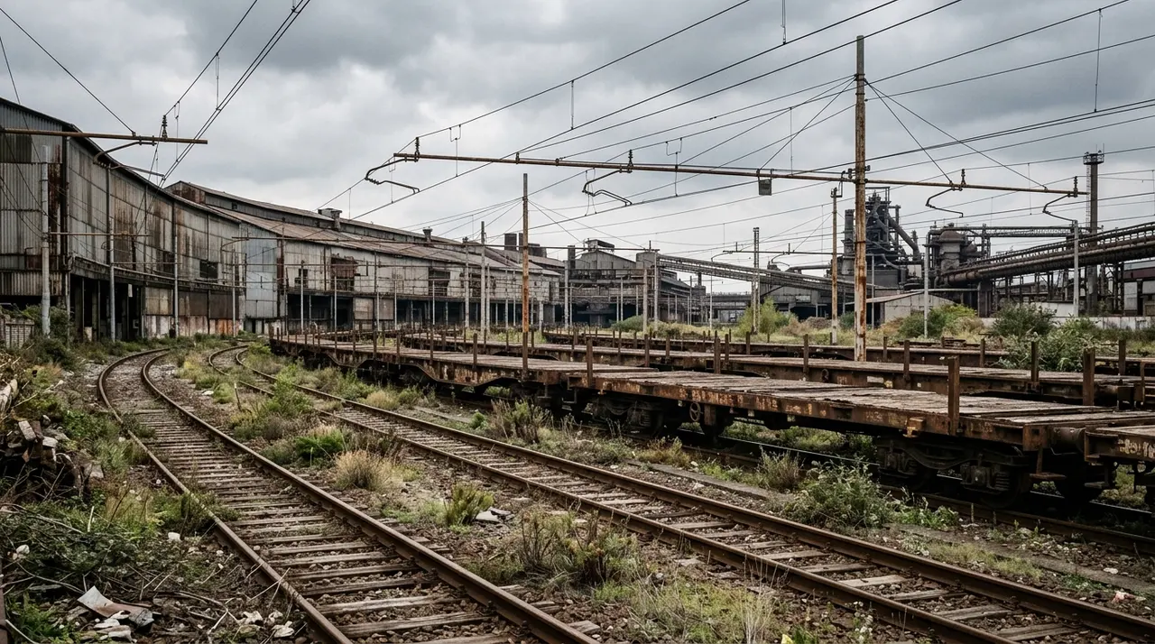 Carri merci fermi su binari arrugginiti nel raccordo ferroviario di uno stabilimento siderurgico