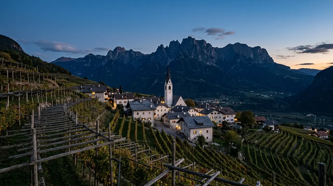 I tre collegi uninominali del Senato in provincia di Bolzano ridisegnati: un paese dell'Alto Adige fra i vigneti terrazzati al crepuscolo