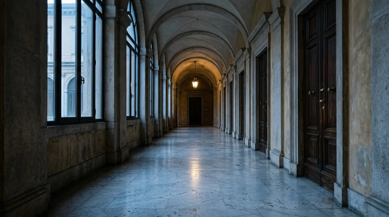 Reintegro a Report negato: corridoio deserto di un tribunale romano al crepuscolo