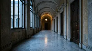 Reintegro a Report negato: corridoio deserto di un tribunale romano al crepuscolo