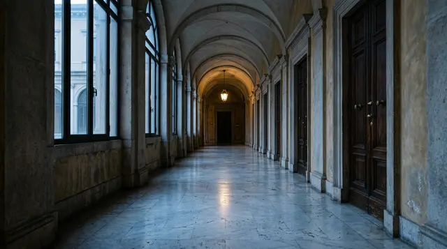 Reintegro a Report negato: corridoio deserto di un tribunale romano al crepuscolo
