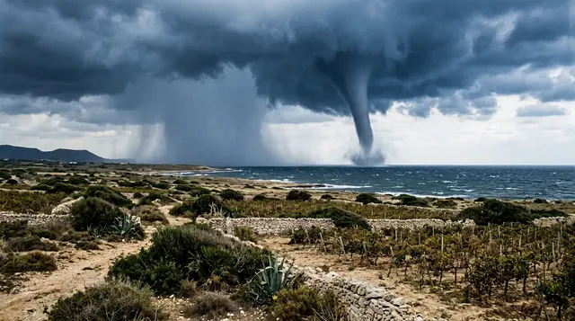 Tornado a Marsala: la tromba marina sul mare davanti alla costa bassa del Trapanese, fra vigneti e muretti a secco