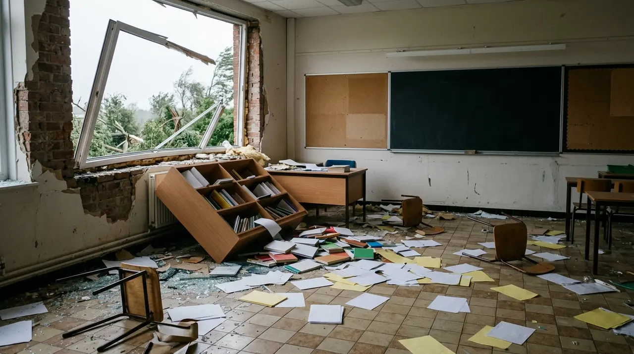 Aula scolastica devastata dal vento: infissi divelti, vetri a terra, libreria rovesciata e materiale didattico sparso sul pavimento