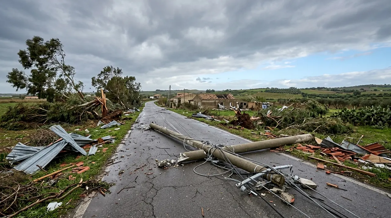 Strada statale della Sicilia occidentale dopo il tornado: palo della luce abbattuto sulla carreggiata, alberi sradicati e lamiere fra i detriti