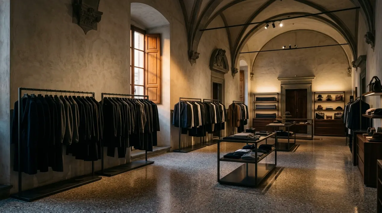 Asta LuisaViaRoma: interno di una boutique storica fiorentina del lusso con i capi ancora in esposizione e nessun cliente