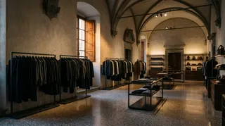 Asta LuisaViaRoma: interno di una boutique storica fiorentina del lusso con i capi ancora in esposizione e nessun cliente