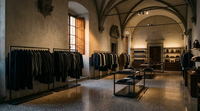 Asta LuisaViaRoma: interno di una boutique storica fiorentina del lusso con i capi ancora in esposizione e nessun cliente