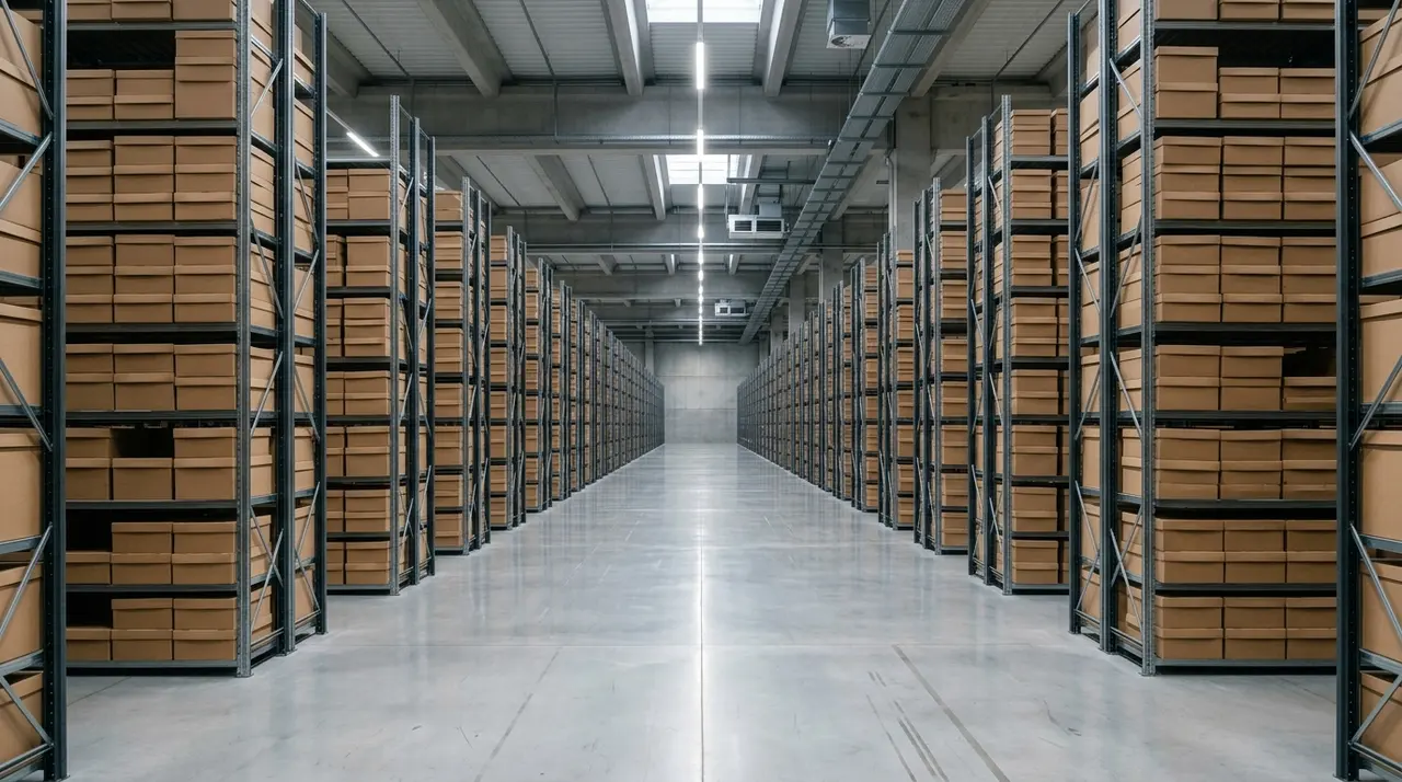 Magazzino logistico dell e-commerce di moda con lunghe corsie di scaffalature e scatole, il perimetro messo in vendita