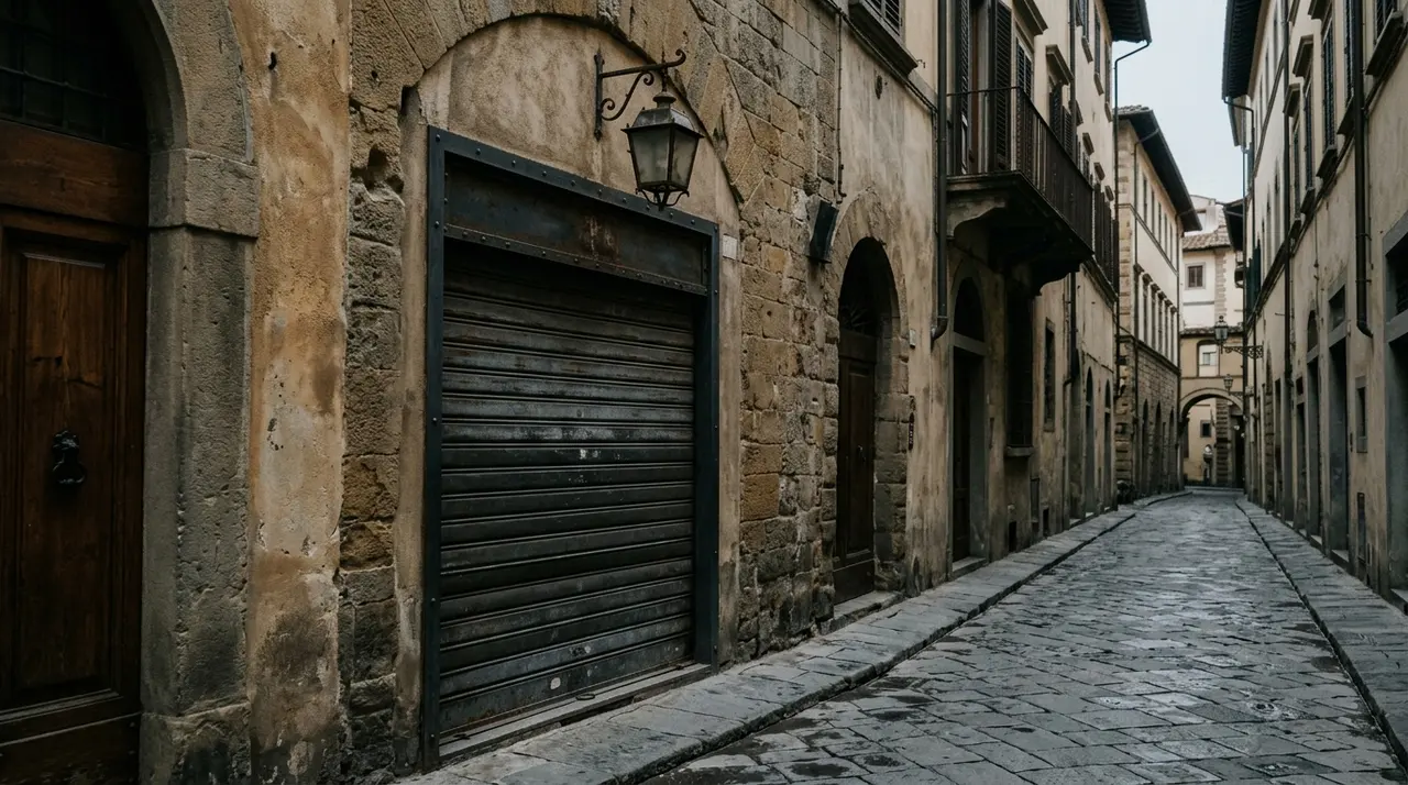 Serranda abbassata di un negozio in una via del centro storico di Firenze all alba
