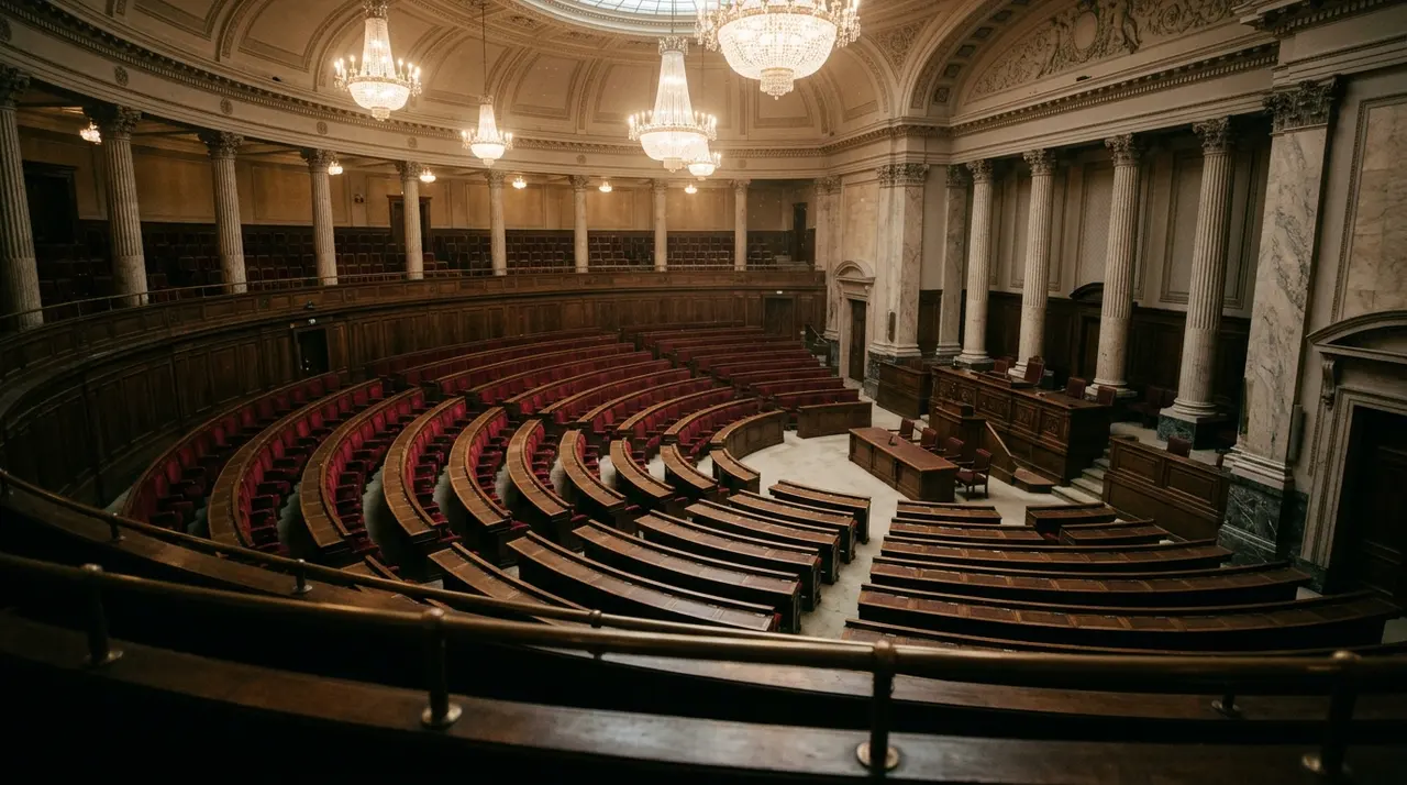 Aula parlamentare semicircolare deserta, i banchi vuoti dove il 15 luglio 2026 si è votato il documento sull'immunità