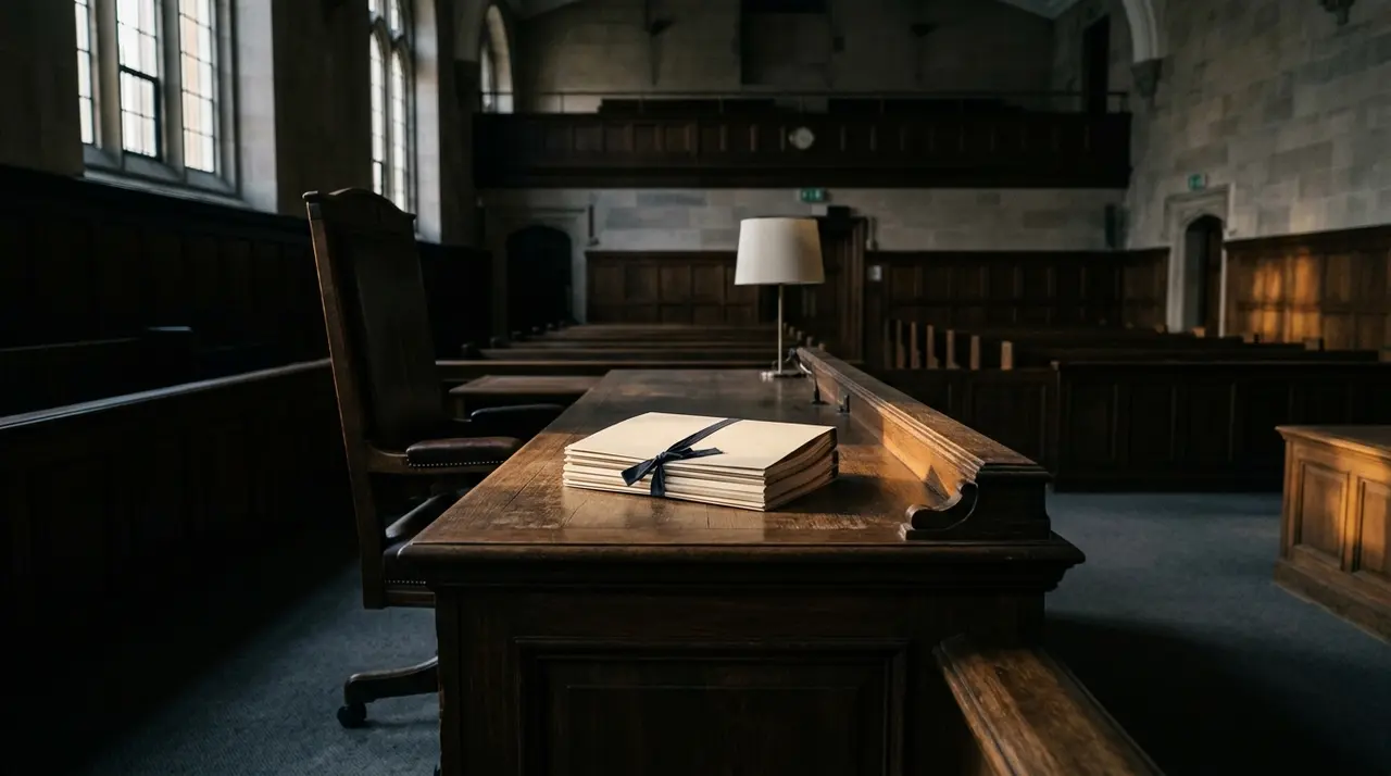 Aula di tribunale vuota con un fascicolo chiuso e legato sul banco del giudice, il processo sospeso