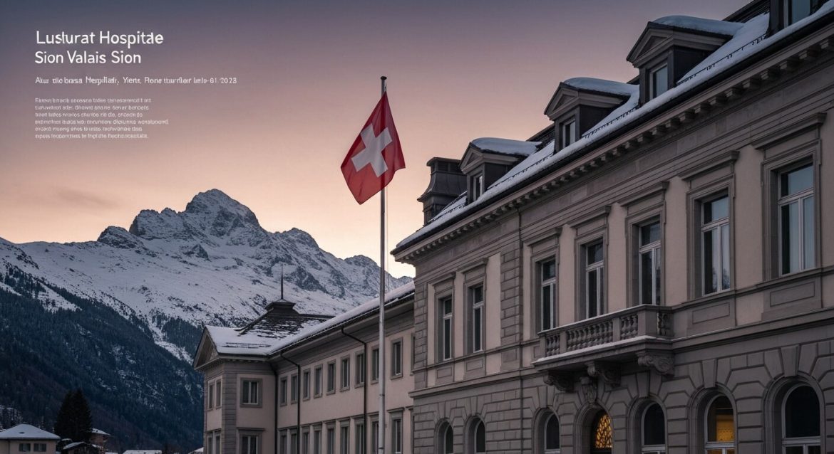 Crans-Montana spese mediche: facciata dell'ospedale di Sion in Vallese al tramonto con bandiera svizzera